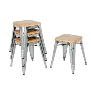 Bistro bar stools with steel base and wooden seat - Set of 4 - Bolero