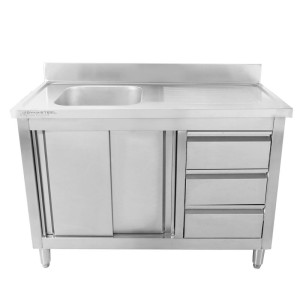 Sink Unit 1 Bowl with Backsplash and 3 Drawers - 1200 x 600 mm - Bowl on the Left - Dynasteel
