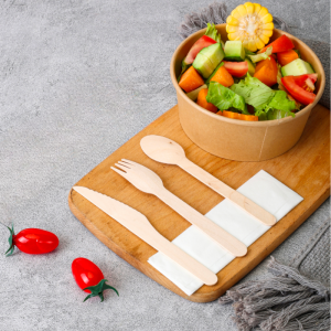 4 dalių rinkinys - Dynasteel mediniai stalo įrankiai: peilis, šakutė, didelis šaukštas, servetėlė - 500 vnt. rinkinys